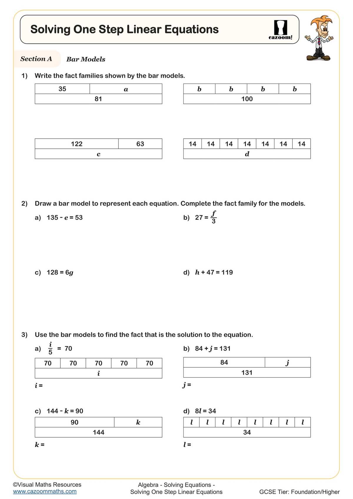 1 and 2 step algebra equations worksheet