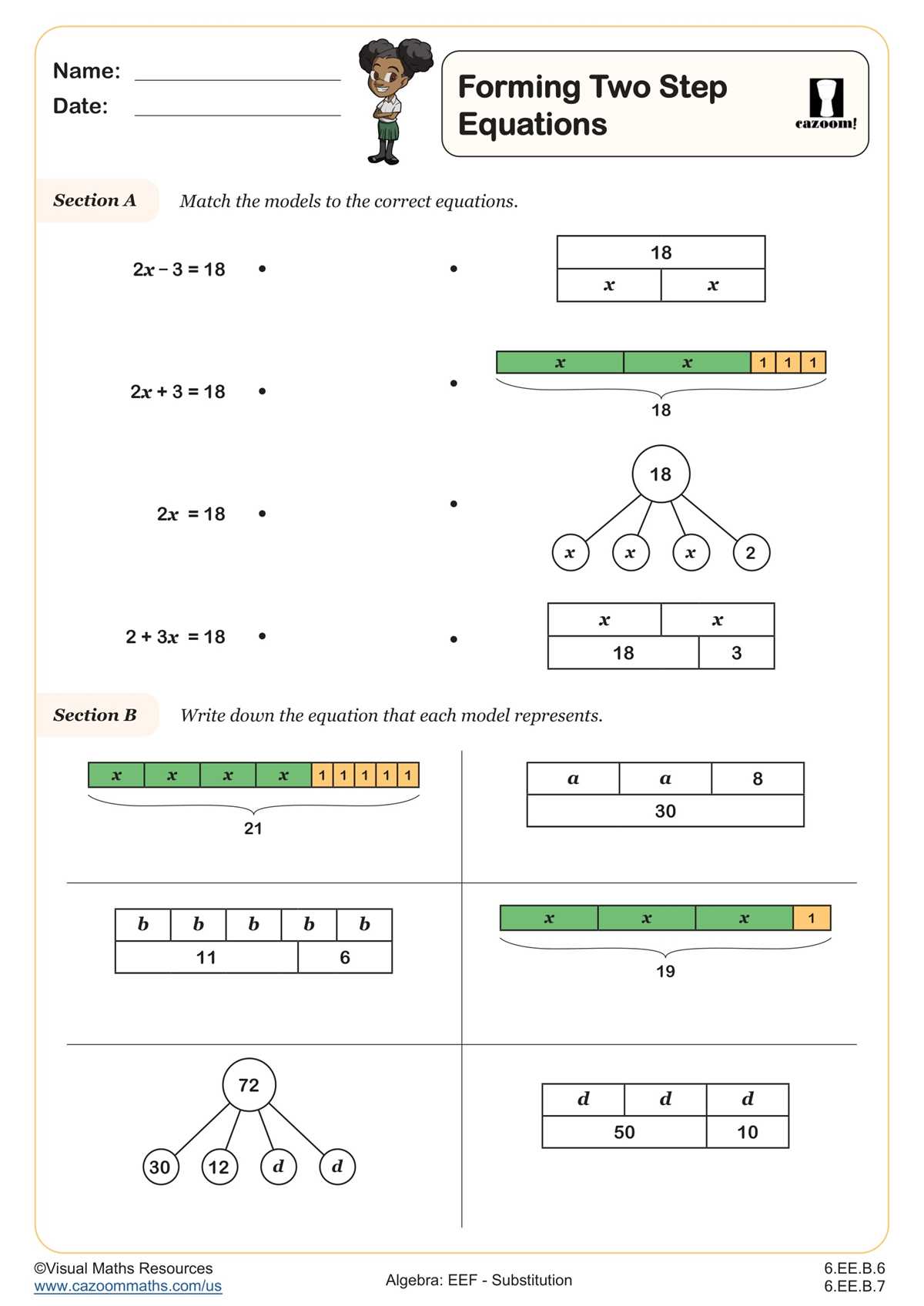 1 and 2 step algebra equations worksheet
