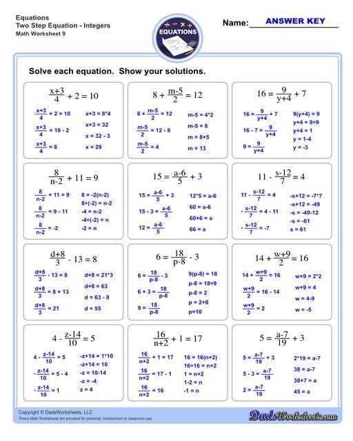 1 and 2 step algebra equations worksheet