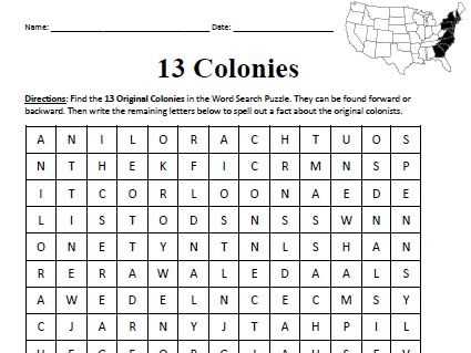 13 colonies worksheet