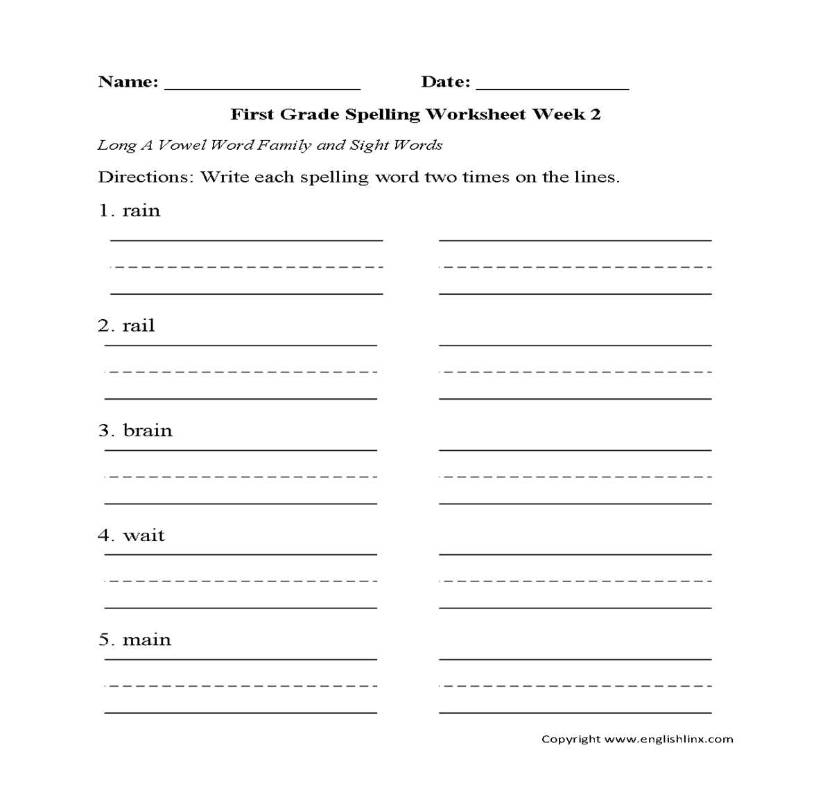 1st grade spelling worksheets