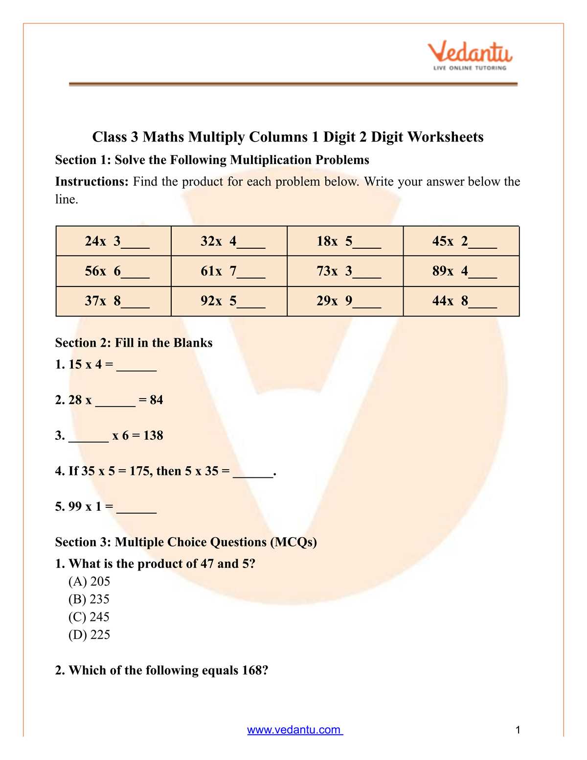 2 digit multiply by 1 digit worksheet