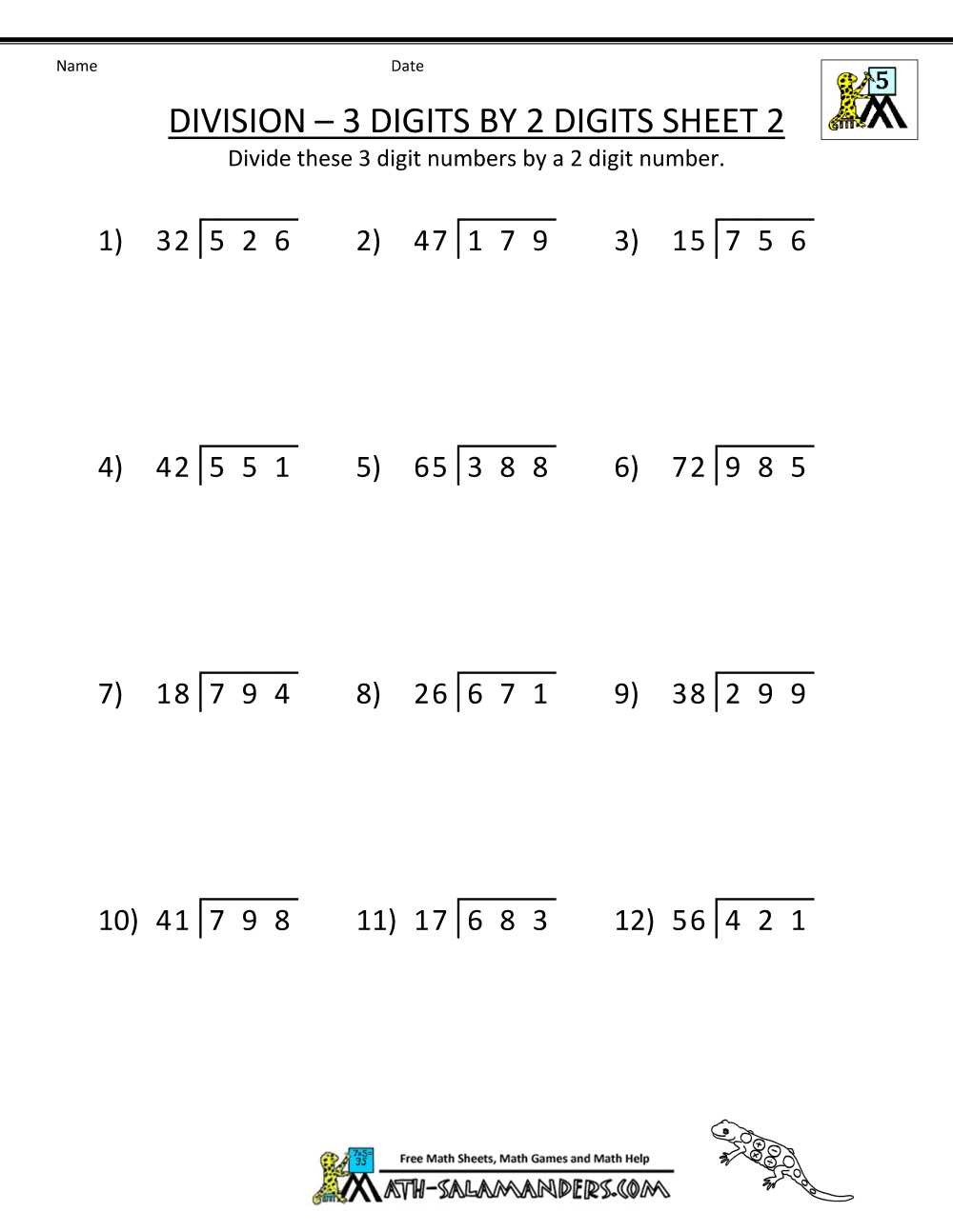 2 digit divisor 3 digit dividends worksheet