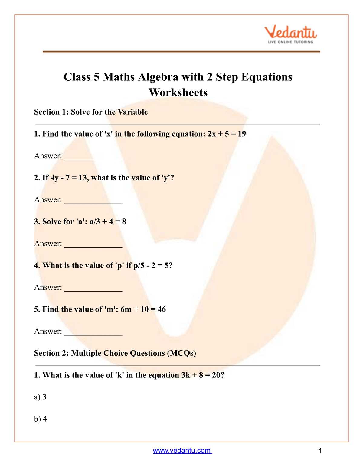 2 step equation worksheet