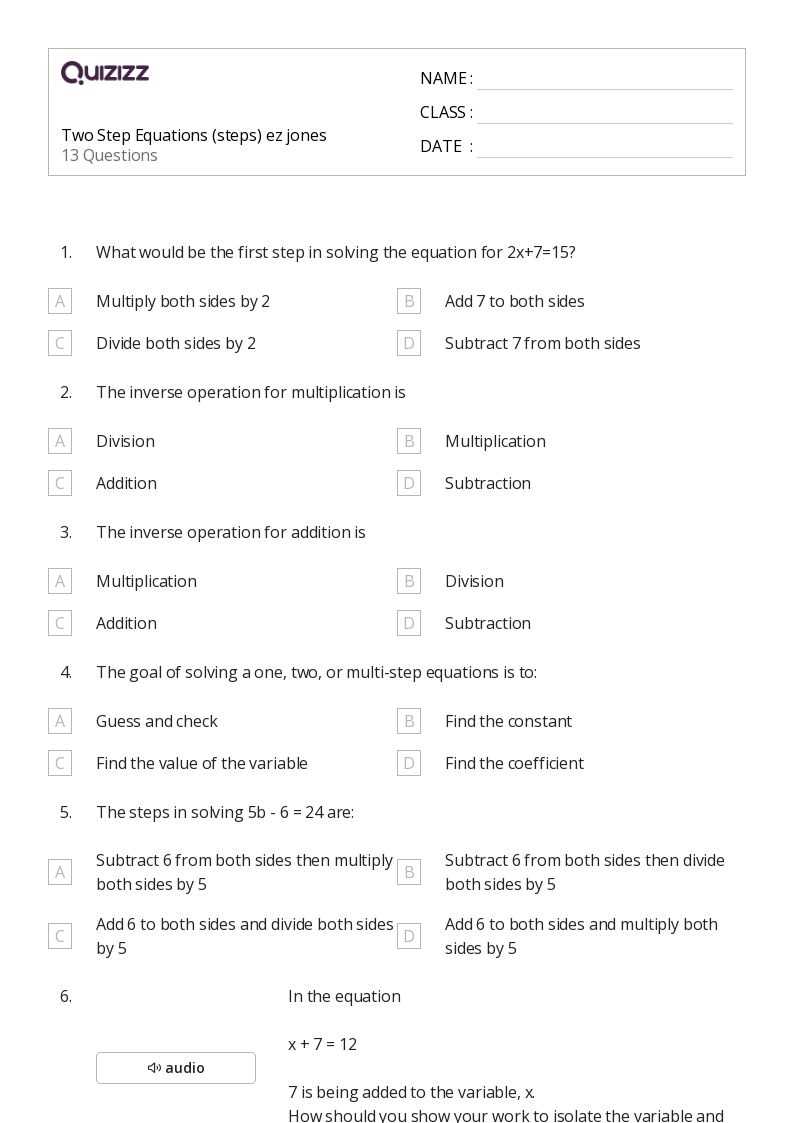 2 steps equation worksheet