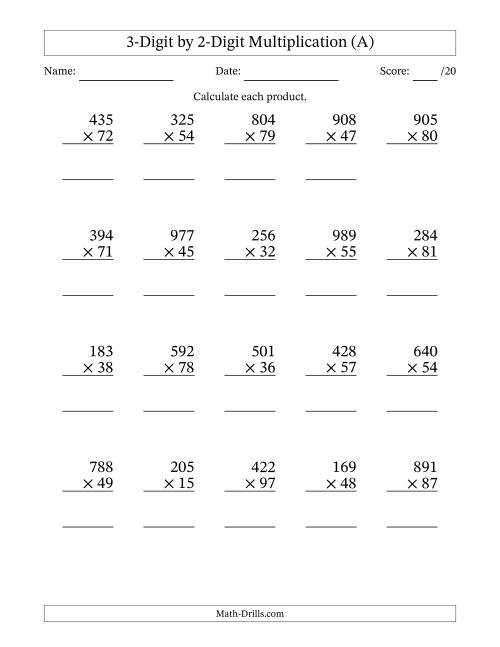 3 digit by 2 digit multiplication worksheets on grid paper
