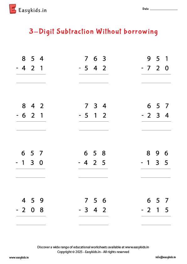 3 digit subtraction worksheets without regrouping