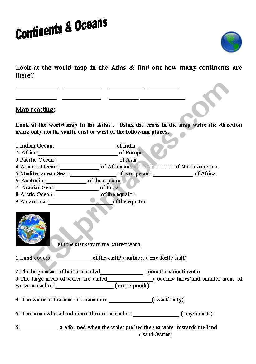 3rd grade continents and oceans worksheets