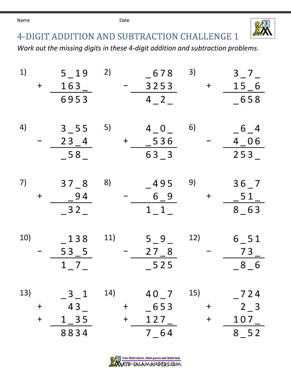 4 digit addition and subtraction worksheet