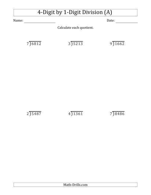 4 digit x 1 digit division worksheet