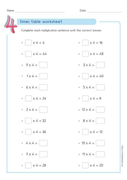 4 times table test worksheet