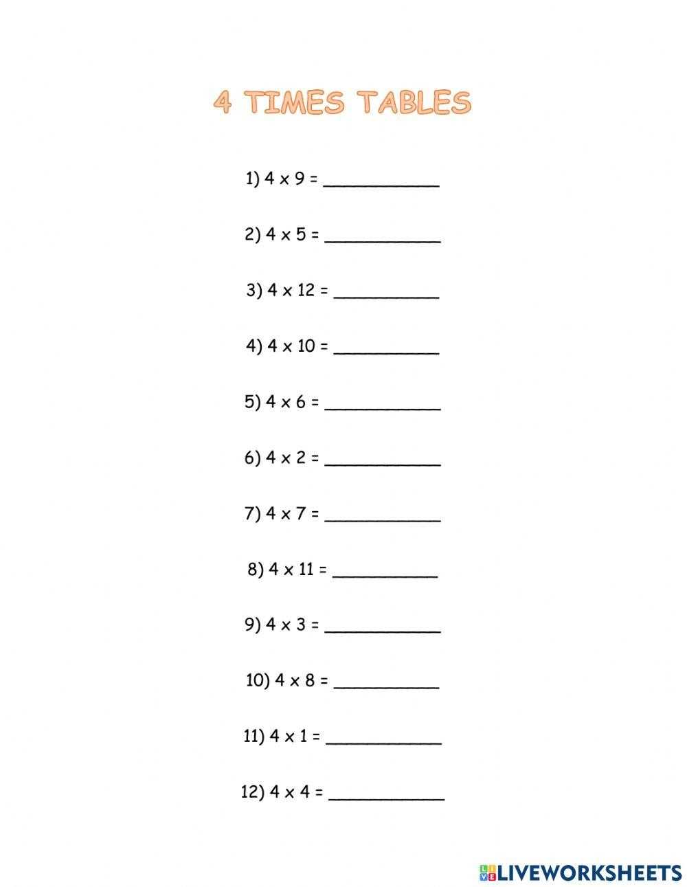 4 x times tables worksheets