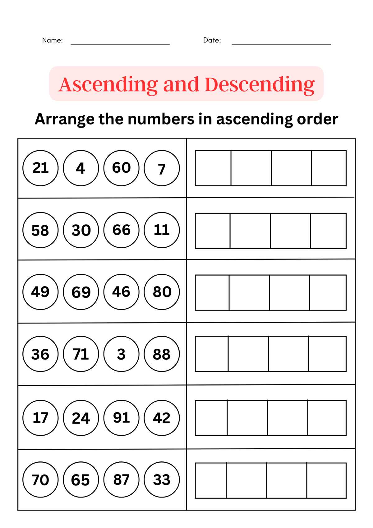 4 digit ascending and descending order worksheets