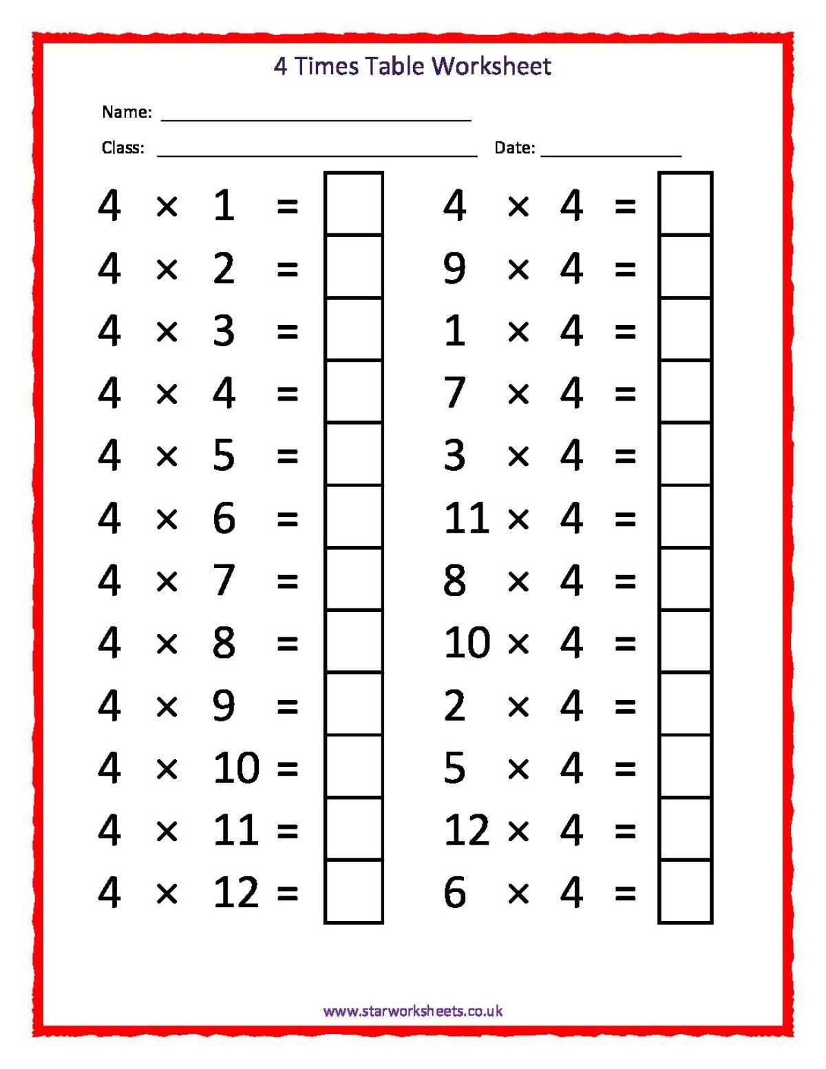 4 table multiplication worksheet