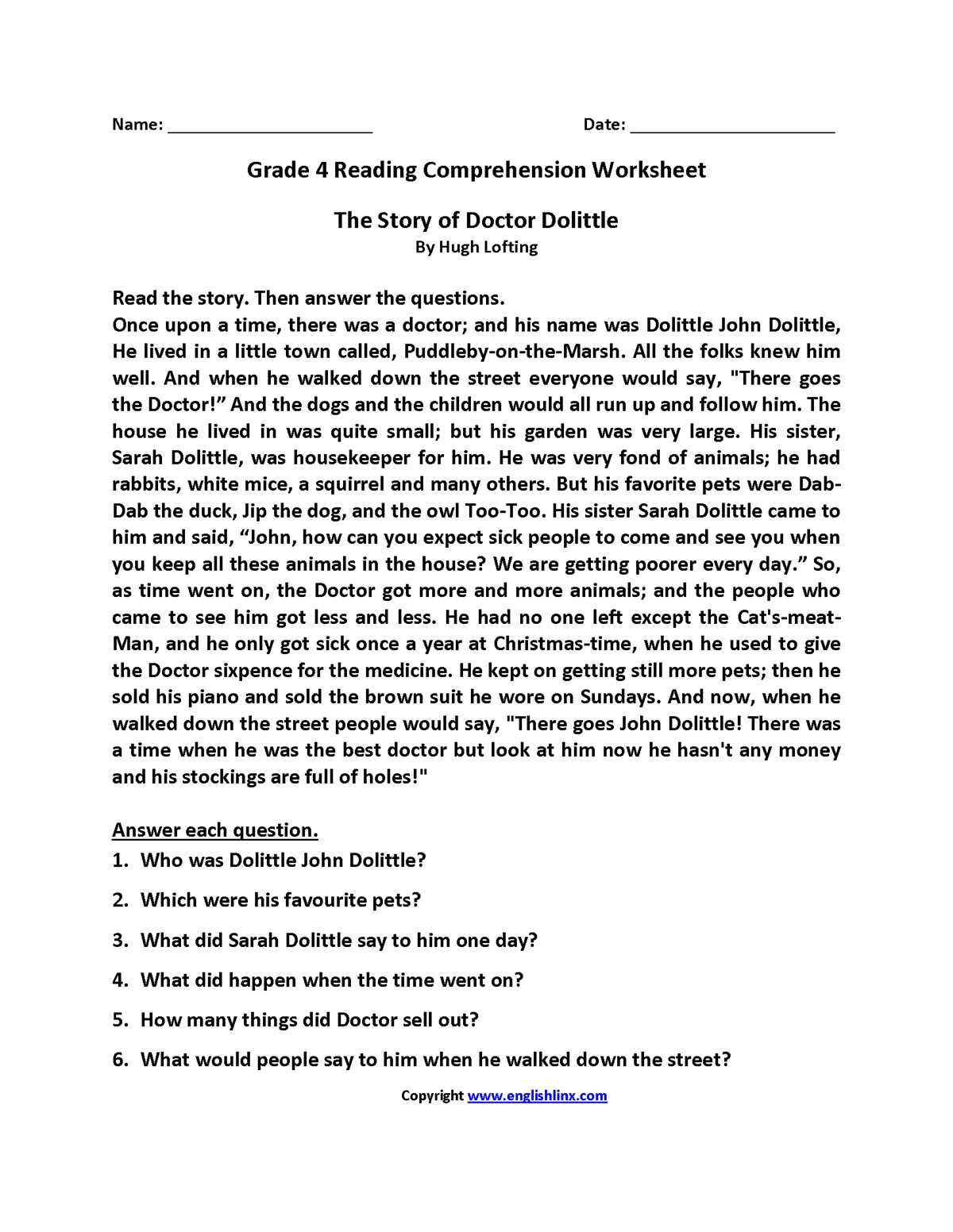 4th grade level reading comprehension worksheets