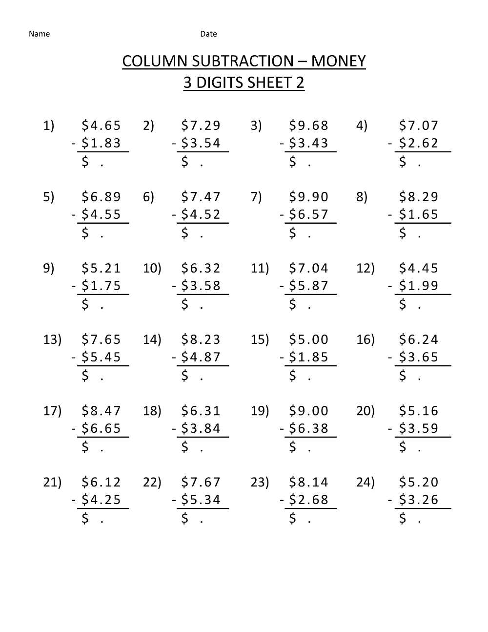 4th grade math worksheets subtraction
