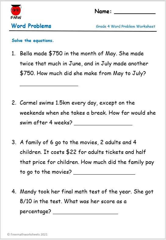 4th grade math worksheets word problems