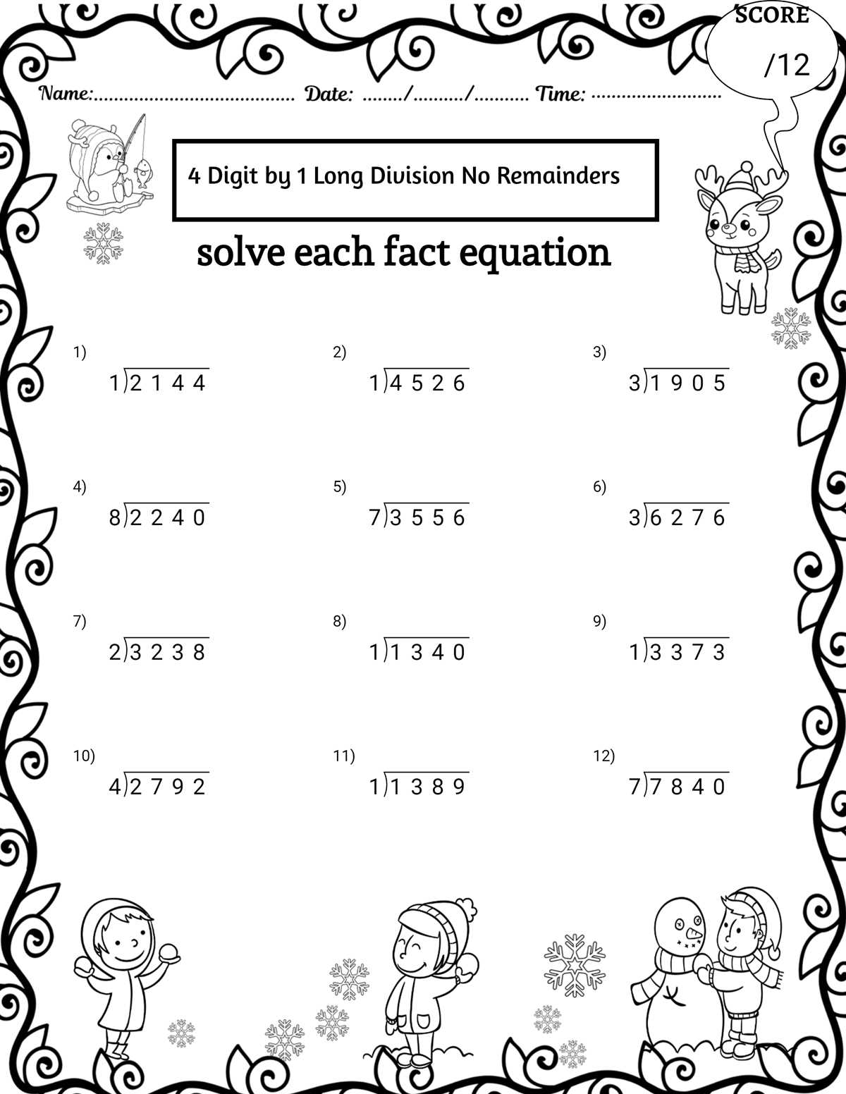 4th grade division worksheets no remainders