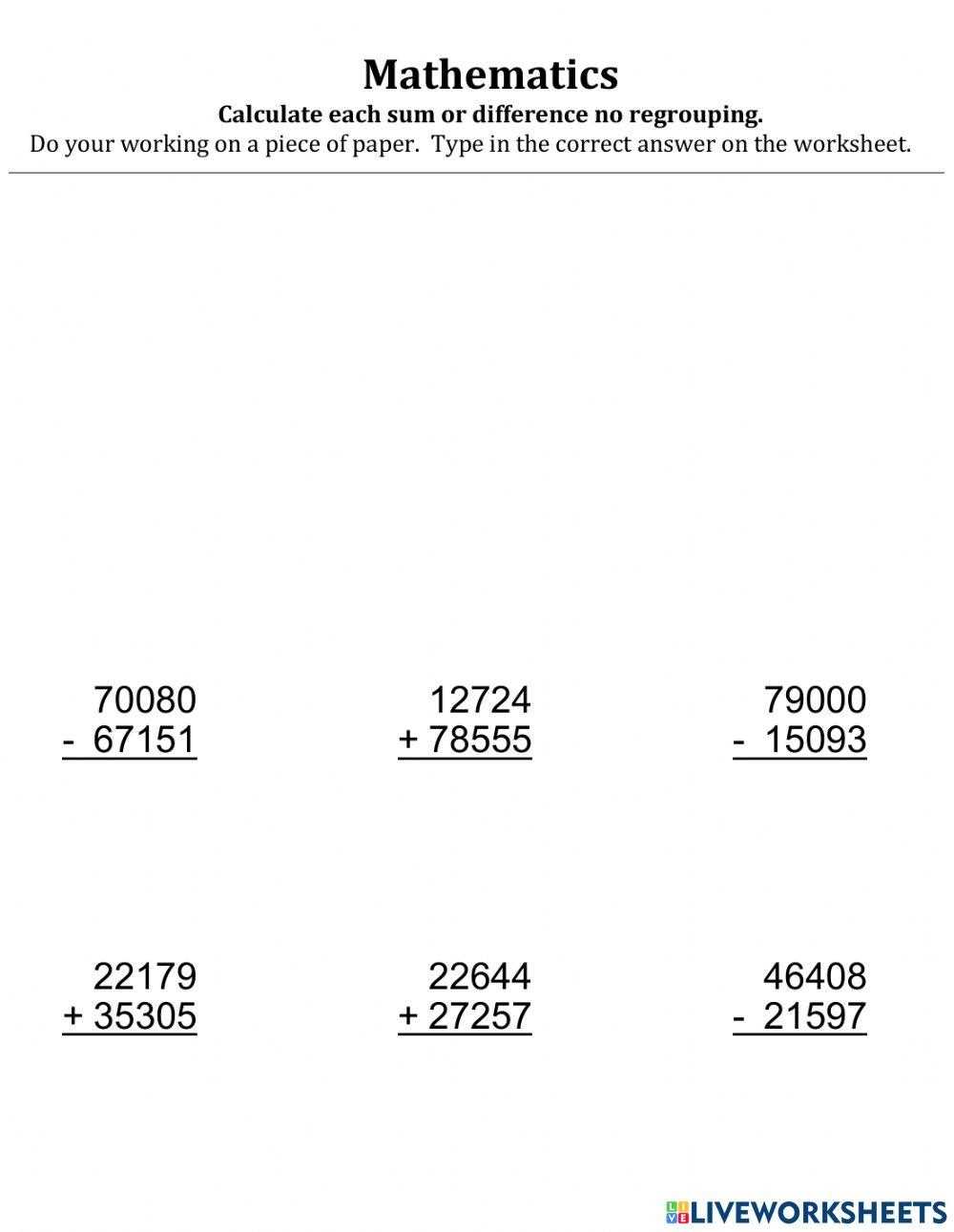 5 digit number addition and subtraction worksheets