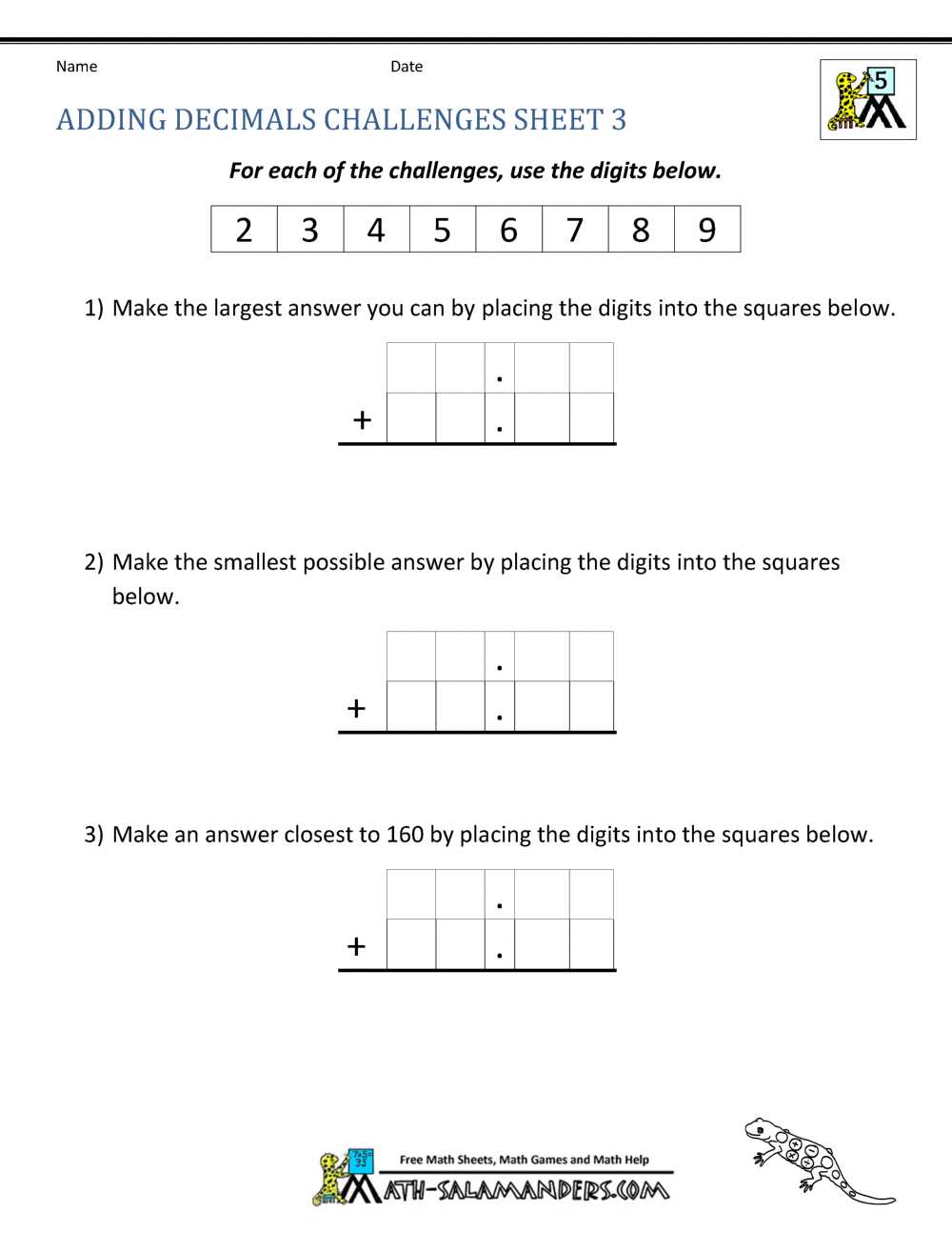 5th grade adding decimals worksheet