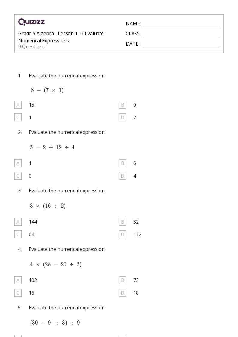 5th grade numerical expressions worksheets