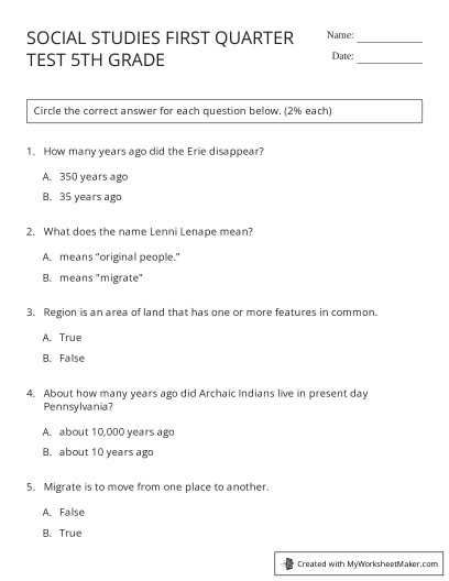 5th grade social studies worksheets