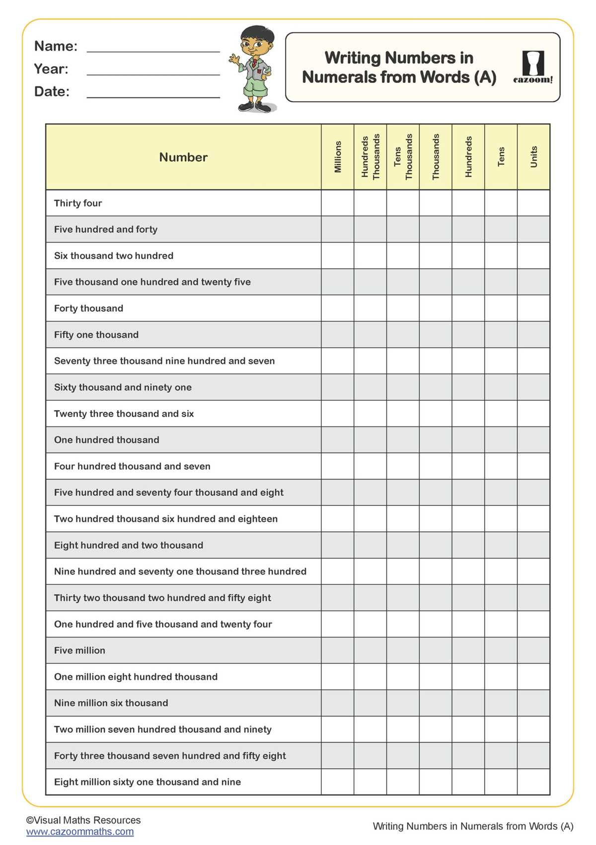 6 digit numbers in words worksheet