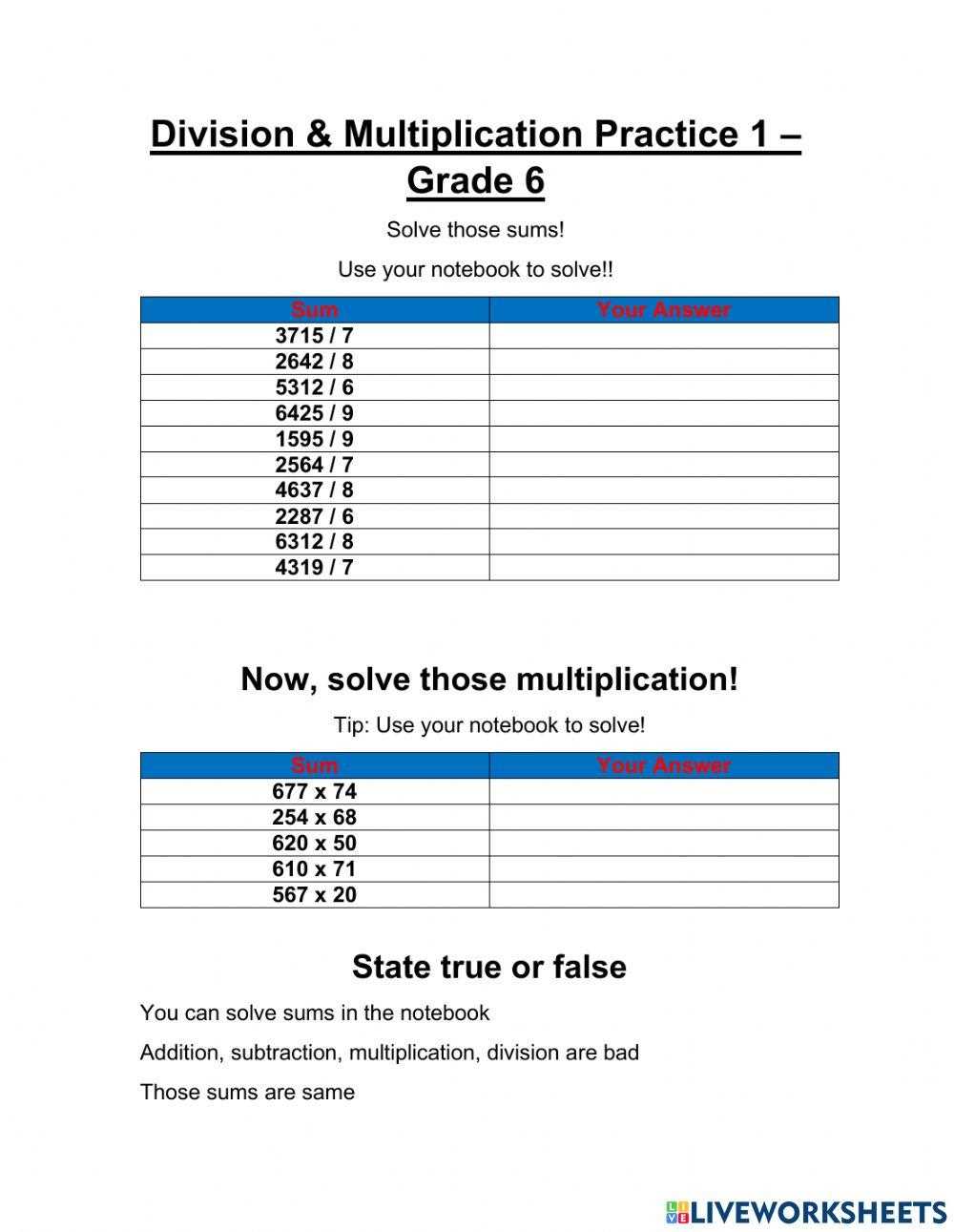 6 division worksheet