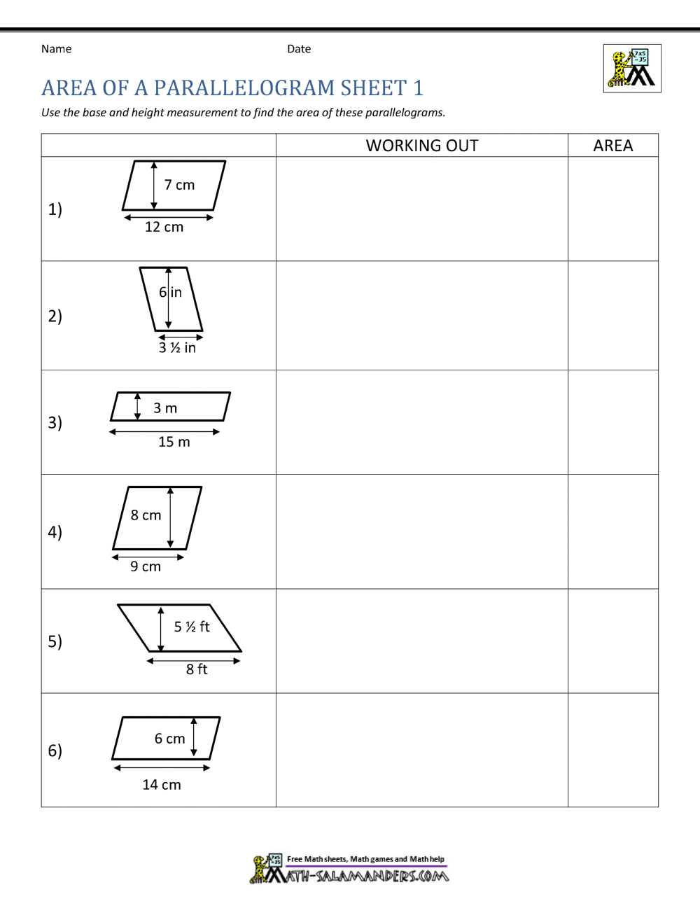 6th grade area of parallelogram worksheet