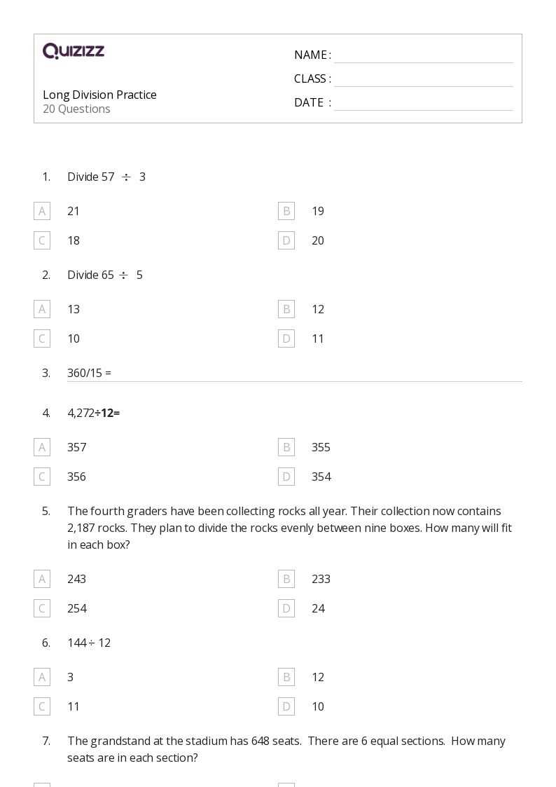 6th grade division worksheets