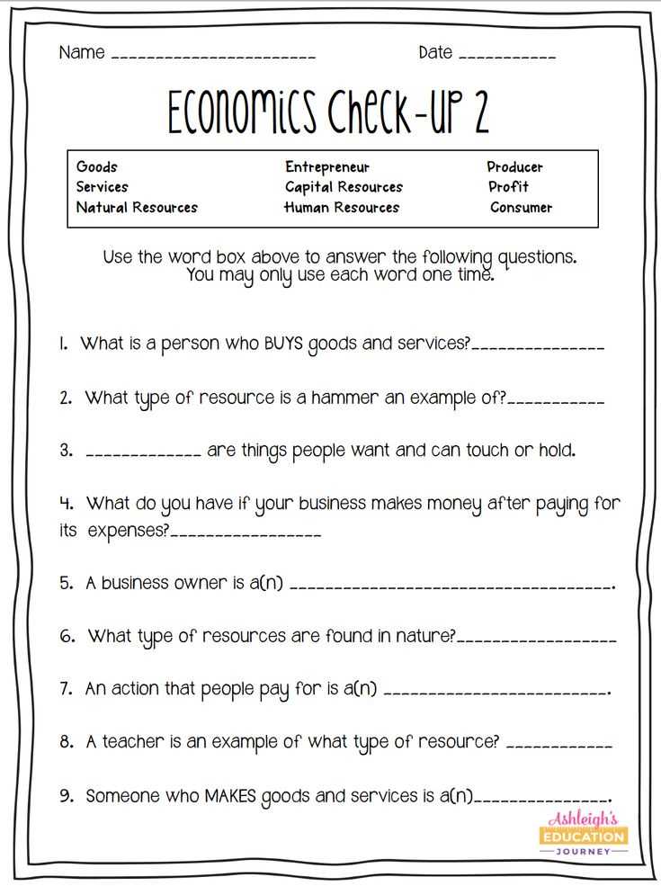 6th grade economics worksheets