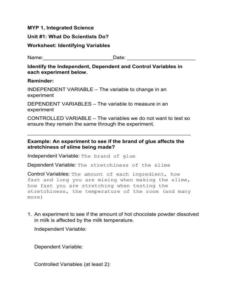 6th grade independent and dependent variables worksheet