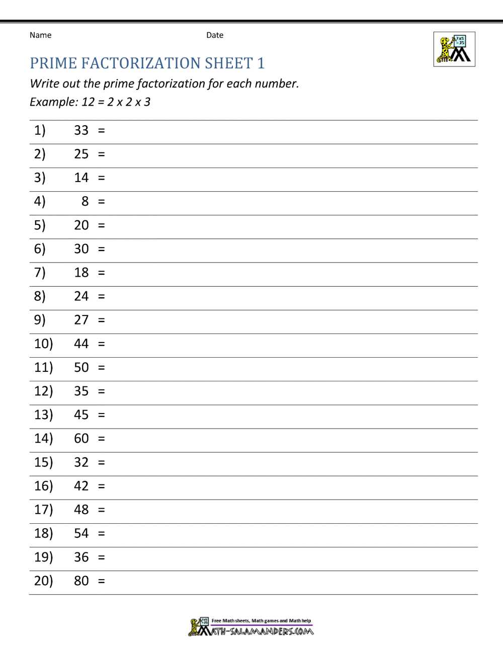 6th grade prime factorization worksheet