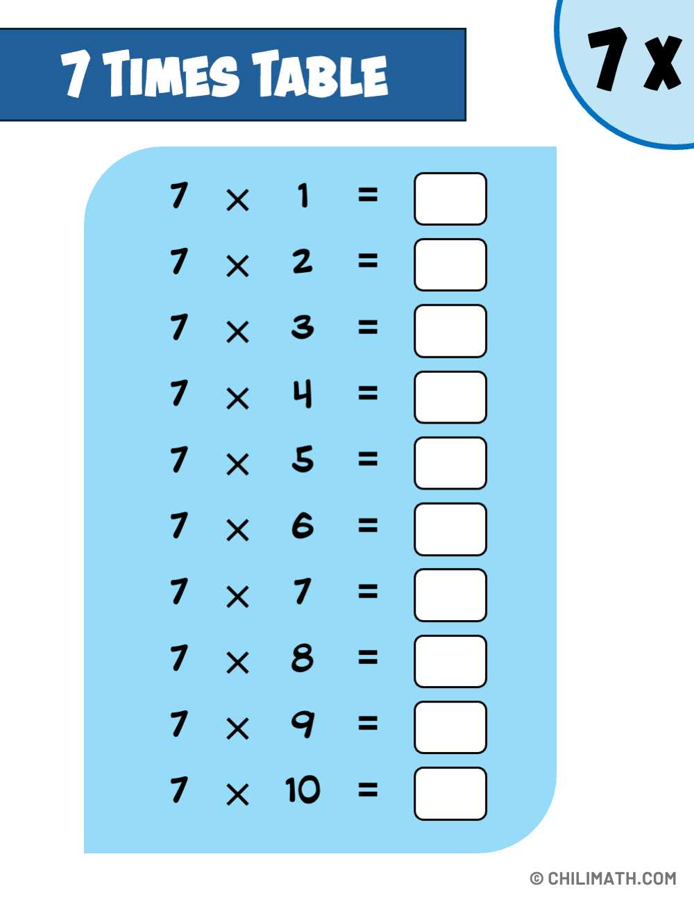 7 times tables worksheets