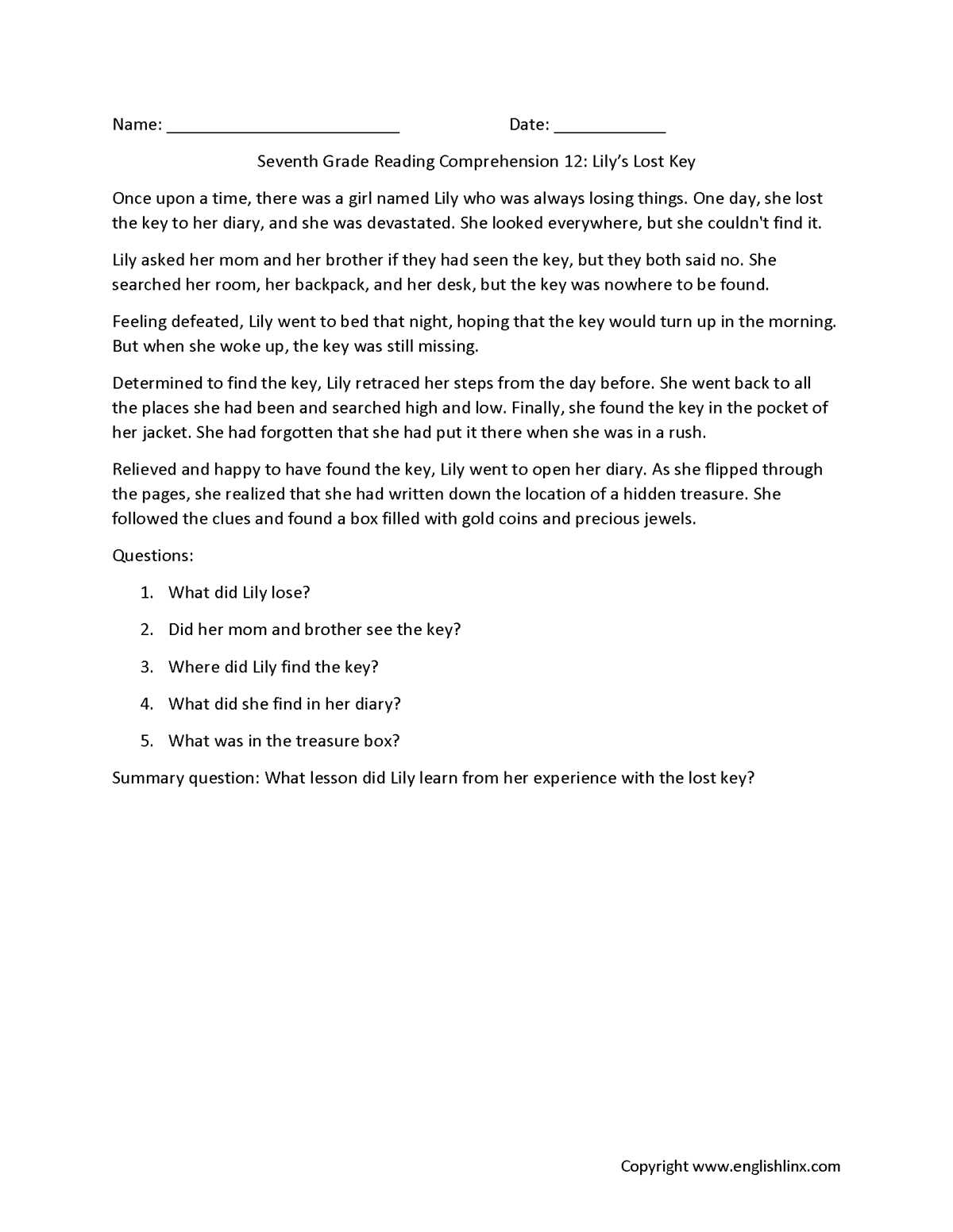 7th grade reading comprehension worksheet