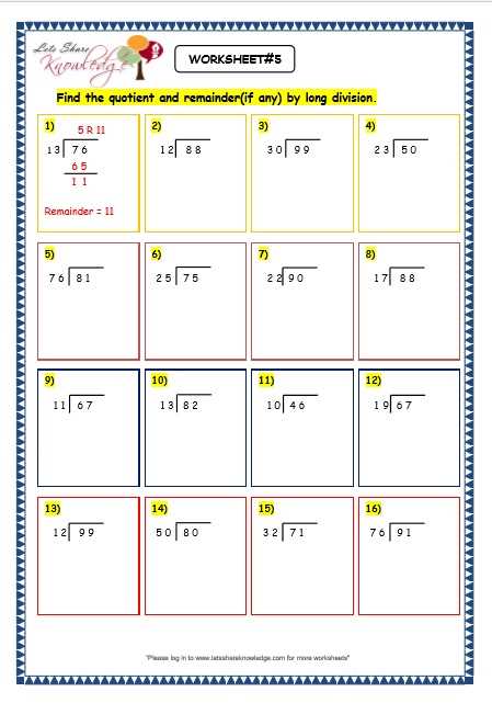 7th grade long division worksheets