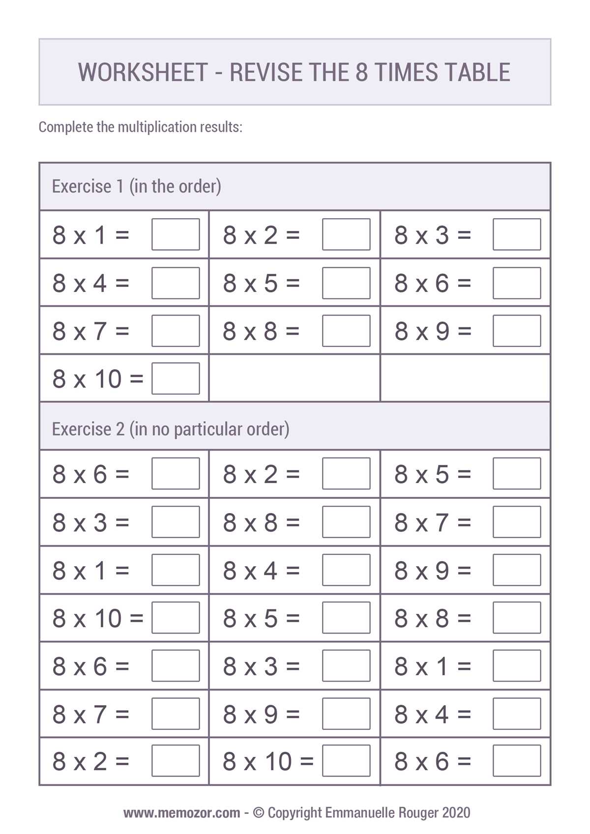 8 times tables worksheet