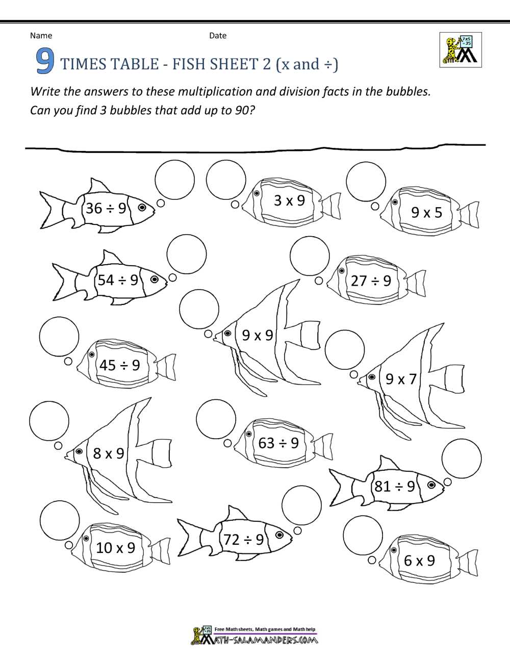 9 times table worksheet