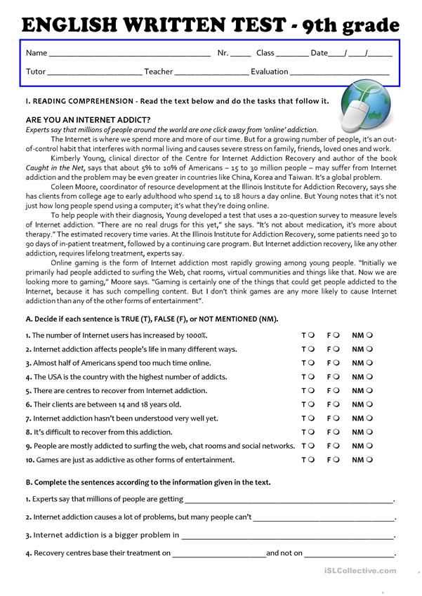 9th grade reading worksheets