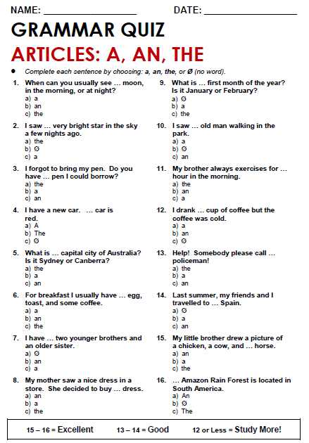 a an and the worksheet