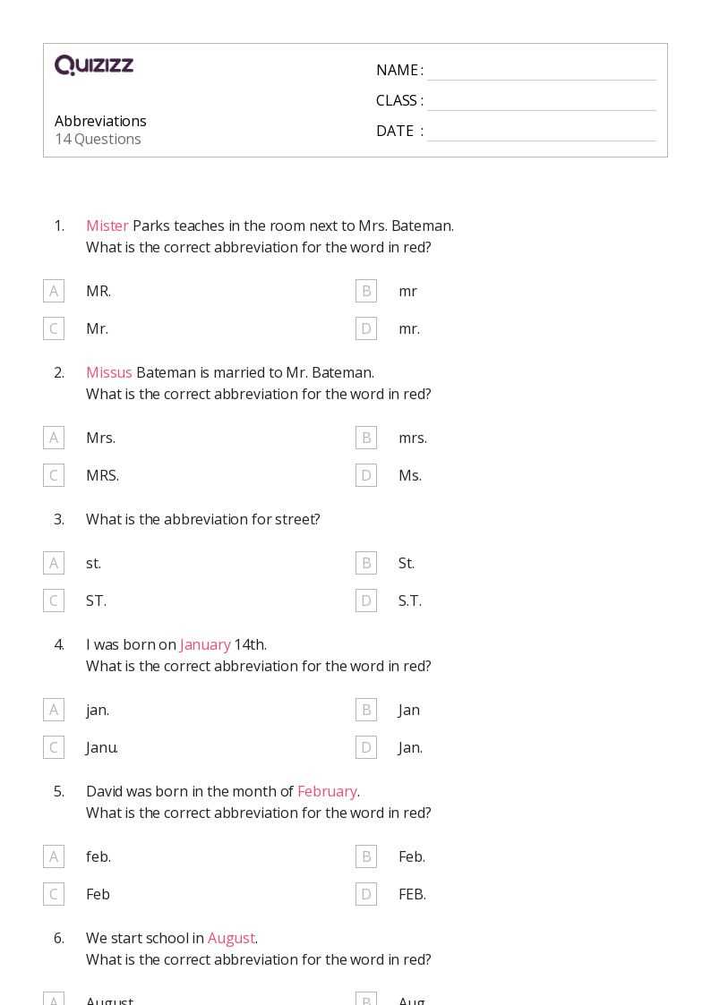 abbreviation worksheet