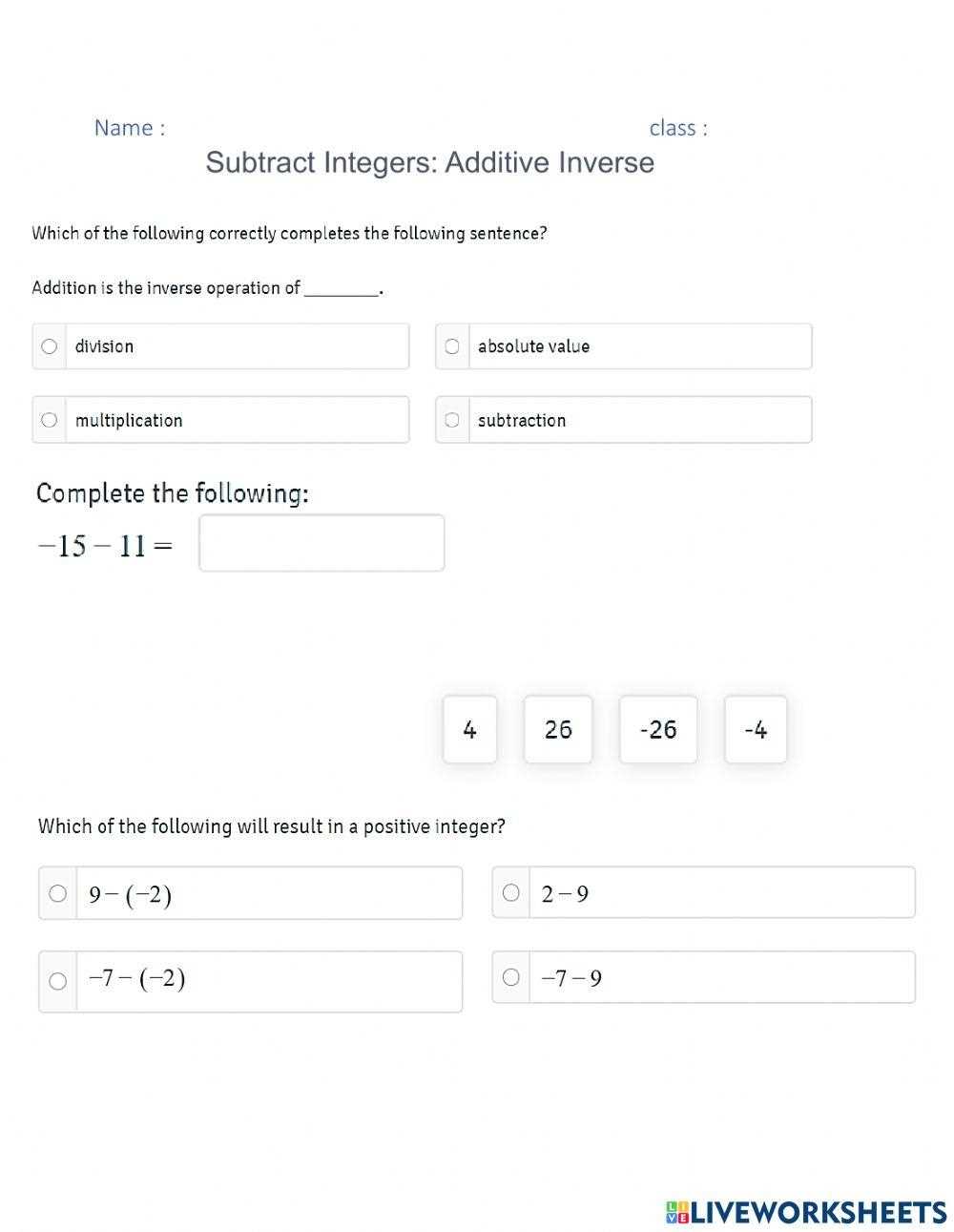 absolute value and additive inverse worksheet