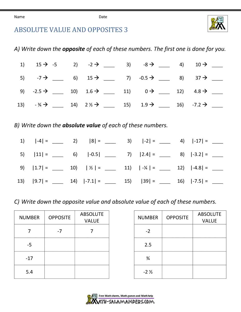 absolute value integers worksheet