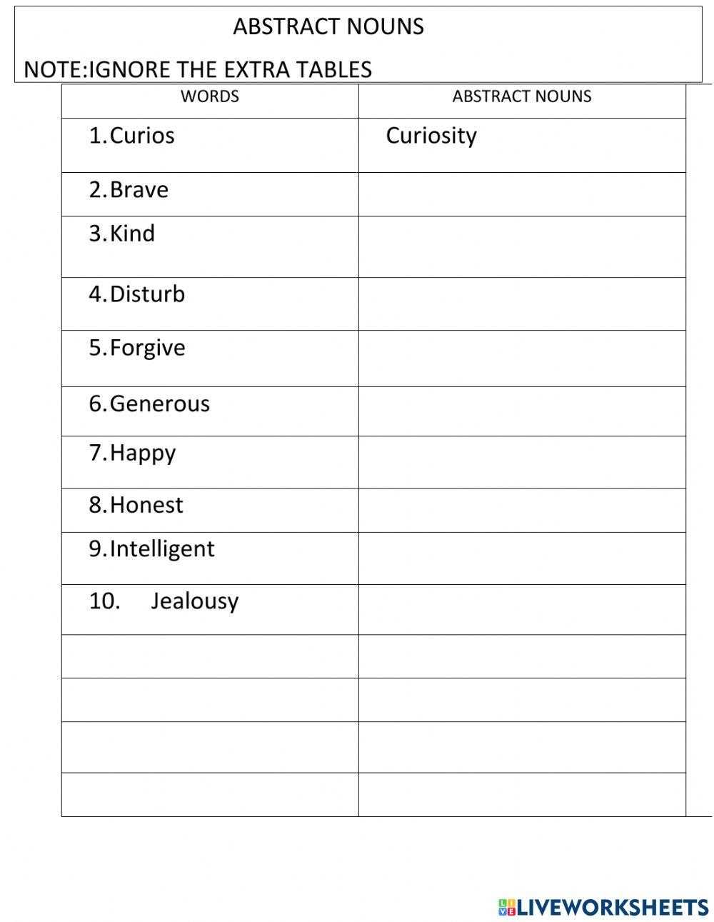 abstract noun worksheets for class 3