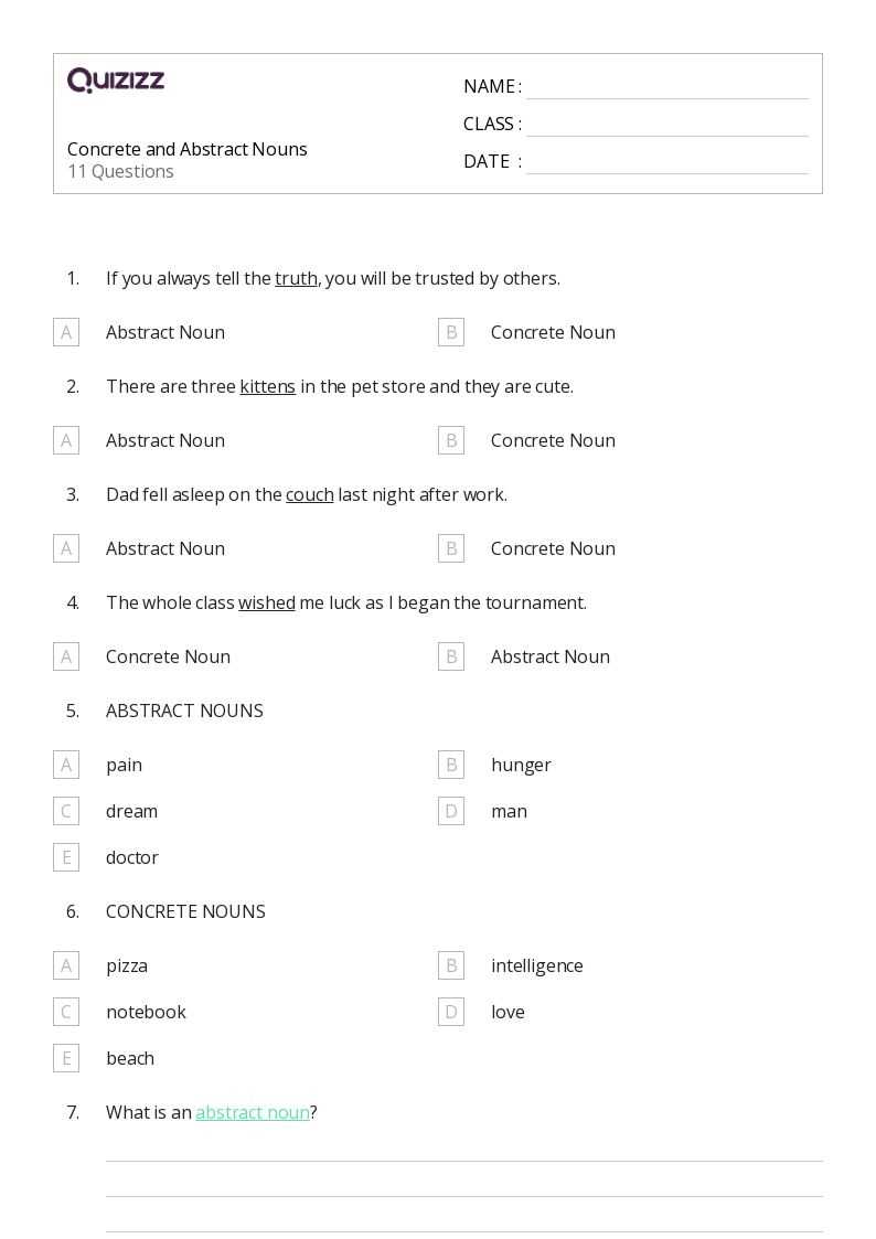 abstract noun worksheets for class 3