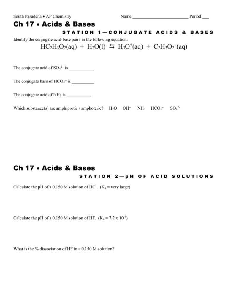 acid base reactions calculations worksheet