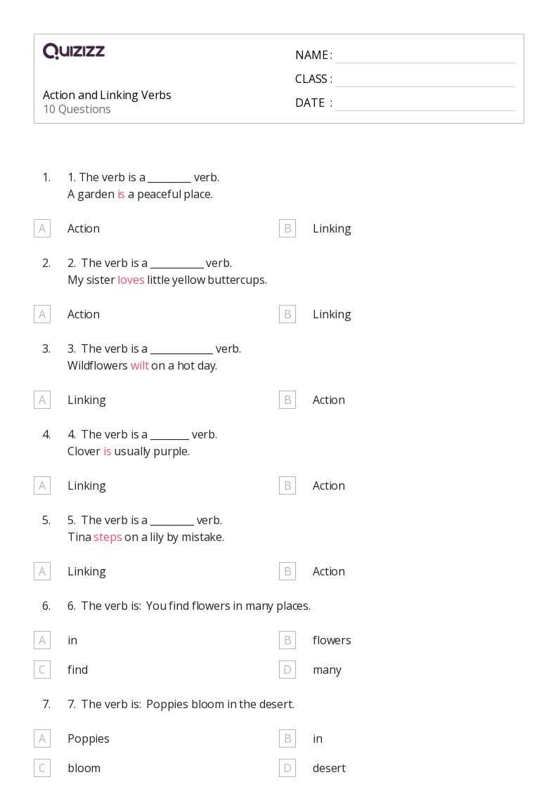 action and linking verb worksheets