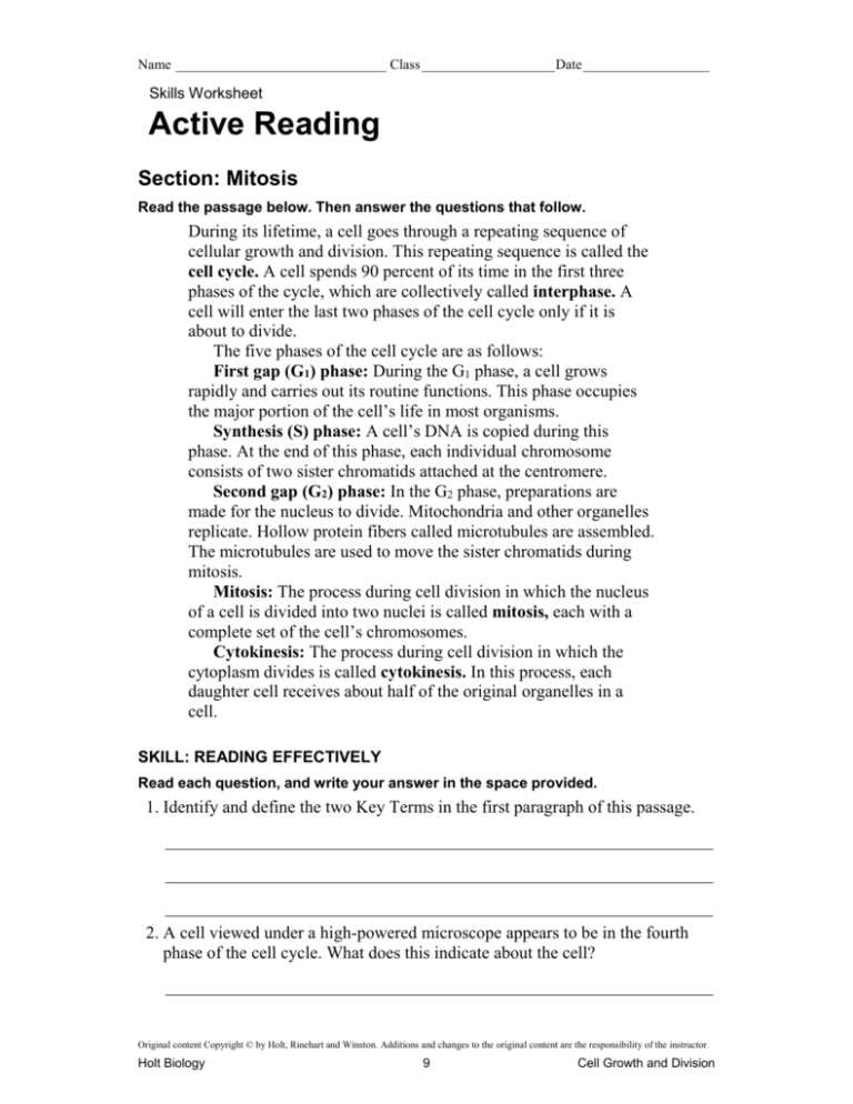 active reading worksheets cell reproduction