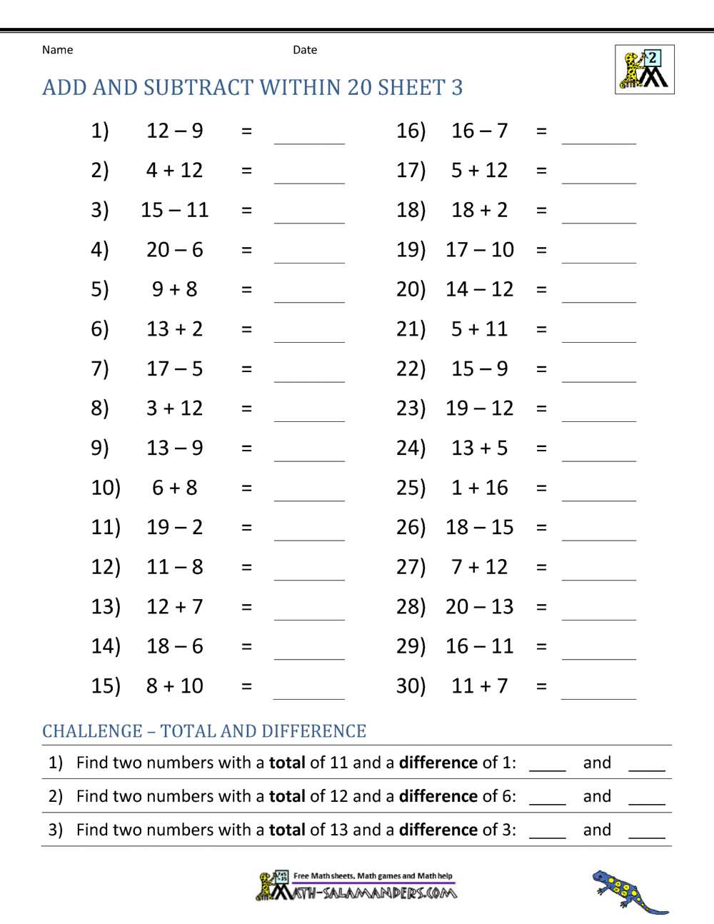 add and subtract to 20 worksheets
