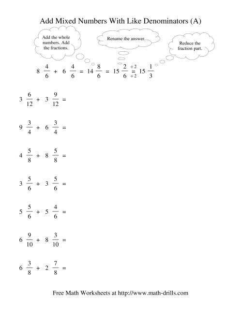 add fractions with like denominators worksheet